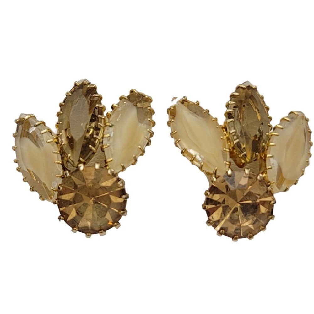 Vintage Gold Tone Champagne Givre Prong Set Rhinestone Clip-On Earrings  K449